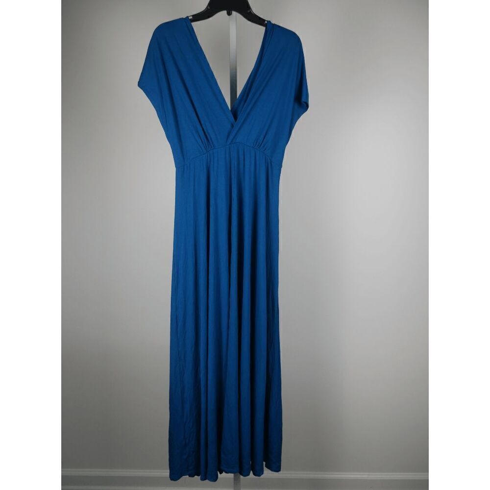 24/7 Comfort Apparel Women's Plus Size Empire Waist V-Neck Maxi Dress 1X Blue - Picture 8 of 14